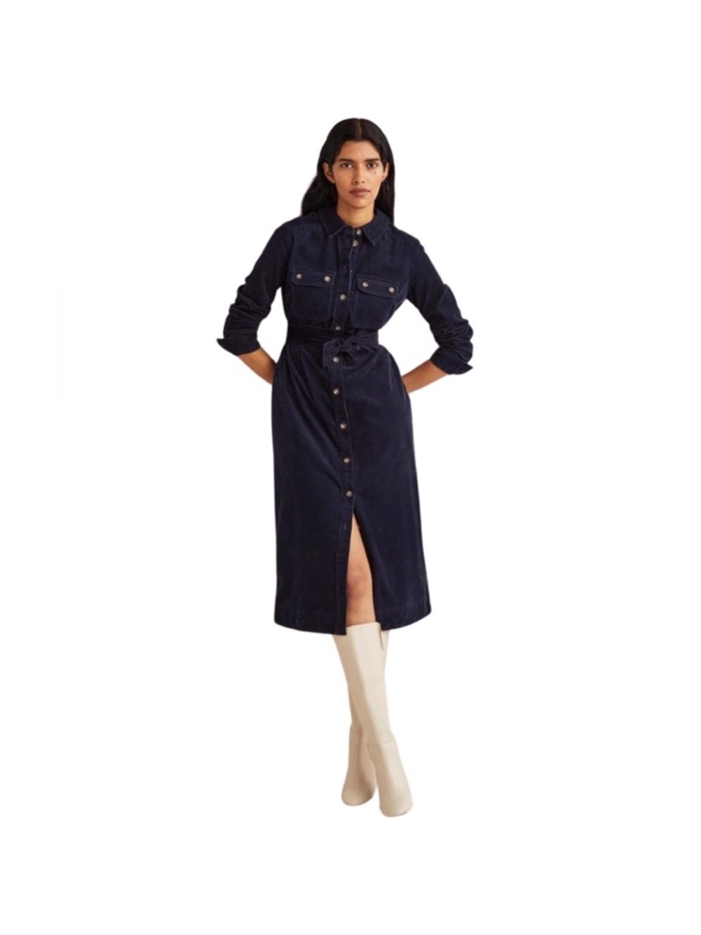 Boden Corduroy Midi Shirt Dress Green Button Front Belted Size 12P US - Picture 2 of 8